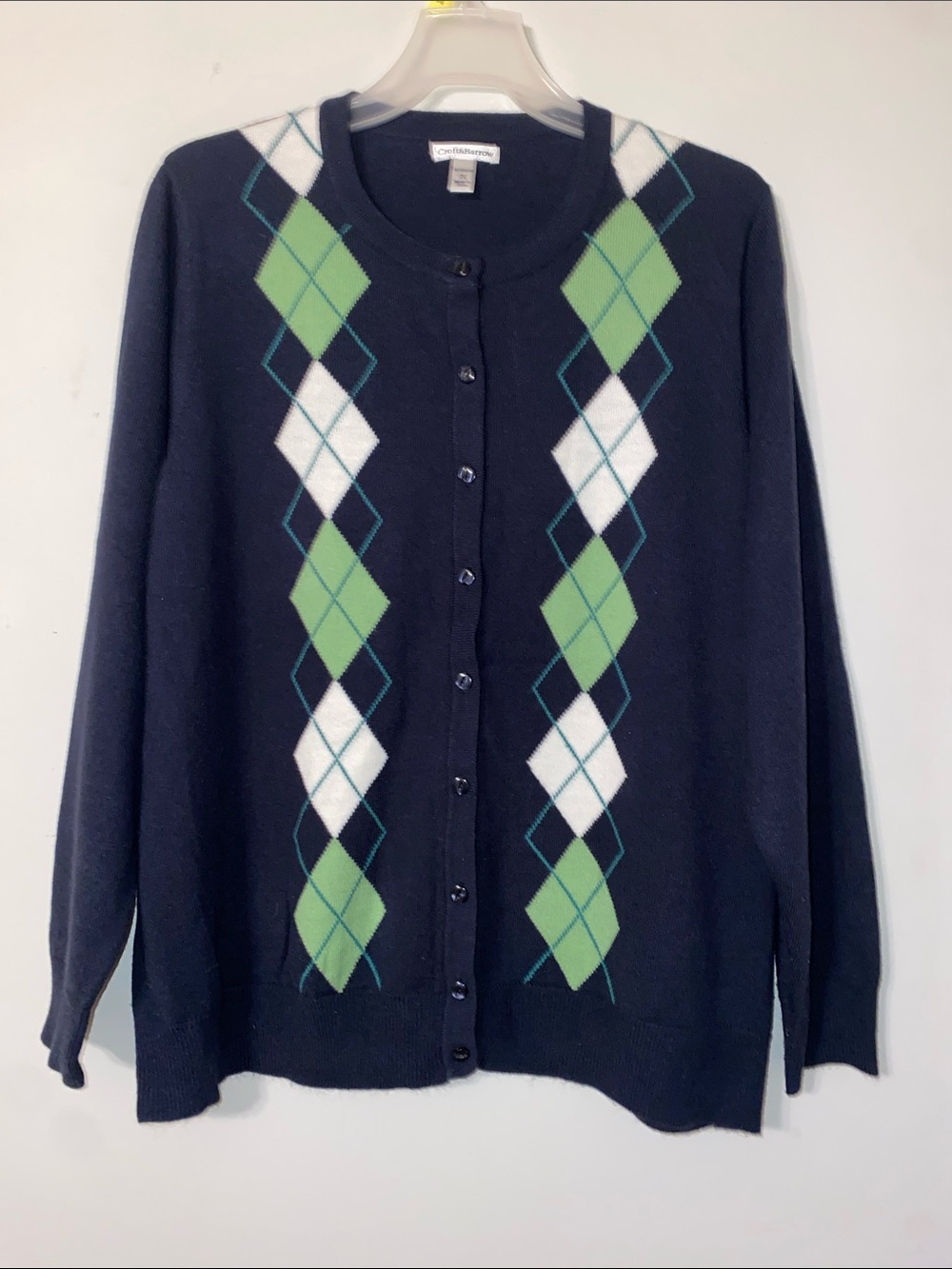 croft & barrow Navy Cardigan with Green and White Argyle